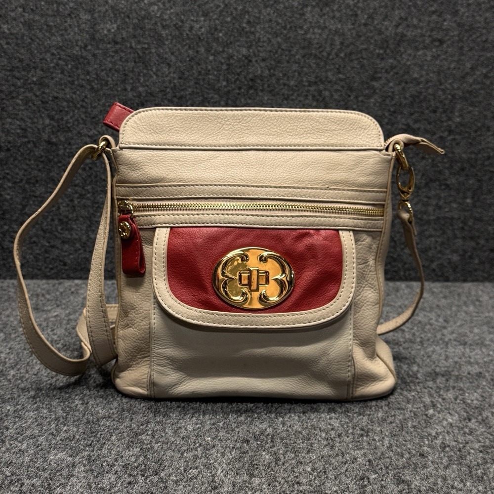 Emma Fox Crossbody Bag Womens Medium Beige Red Leather Gold Hardware Casual Boho